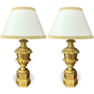 Paire de Lampes de Table Italiennes Empire  en Bois Sculpté et Doré XIXe siècle