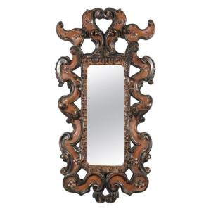 Miroir Florentin Sculpté et Décoré en Rouge et Argent Oxydé, 20ème Siècle
