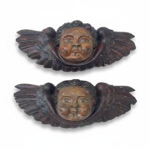 Italian Winged Cherub Heads 19th Century Carved Overdoor Friezes