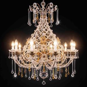 Antique Crystal Chandelier With Amber Drops, 10 Lights, 1950