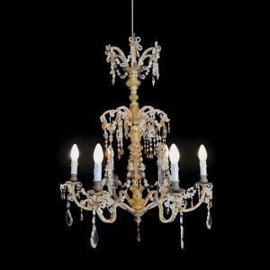 Lustre en cristal transparent des années 30, avec des détails jaune pâle et ambre