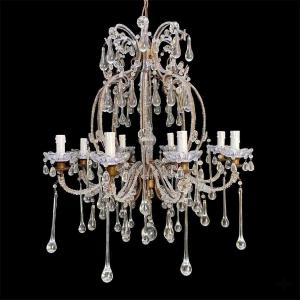 Antique Perlinato Cage Chandelier With Crystals, 8 Lights