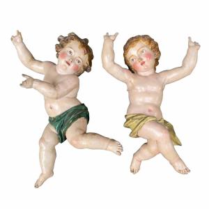 Pair Of Baroque Putti In Lacquered Wood