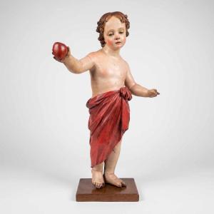 L'Enfant Jésus  tenant un cœur – Sculpture ancienne polychrome