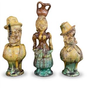 Three Anthropomorphic Pitchers With Babbaluti, Made Of Terracotta, Seminara, 1800