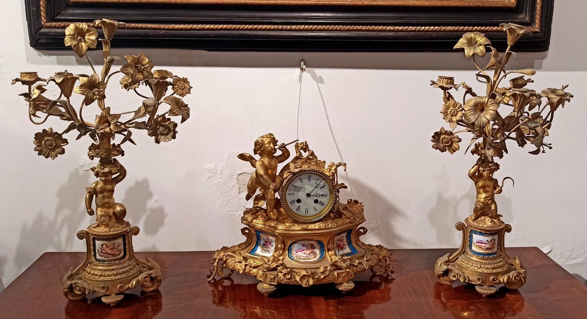 Gilt Bronze Clock And Candelabra With Cherubs