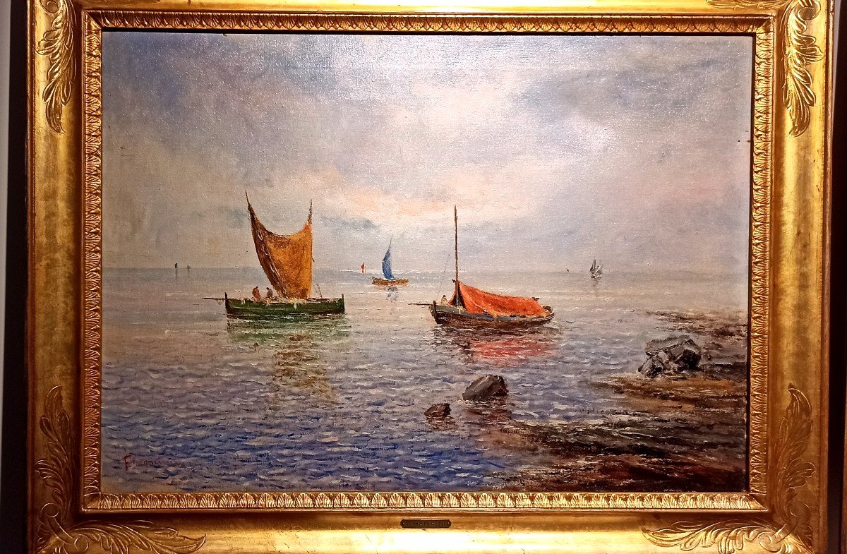 Paire De Paysages Côtiers Napolitains Avec Barques Et Pêcheurs-photo-2