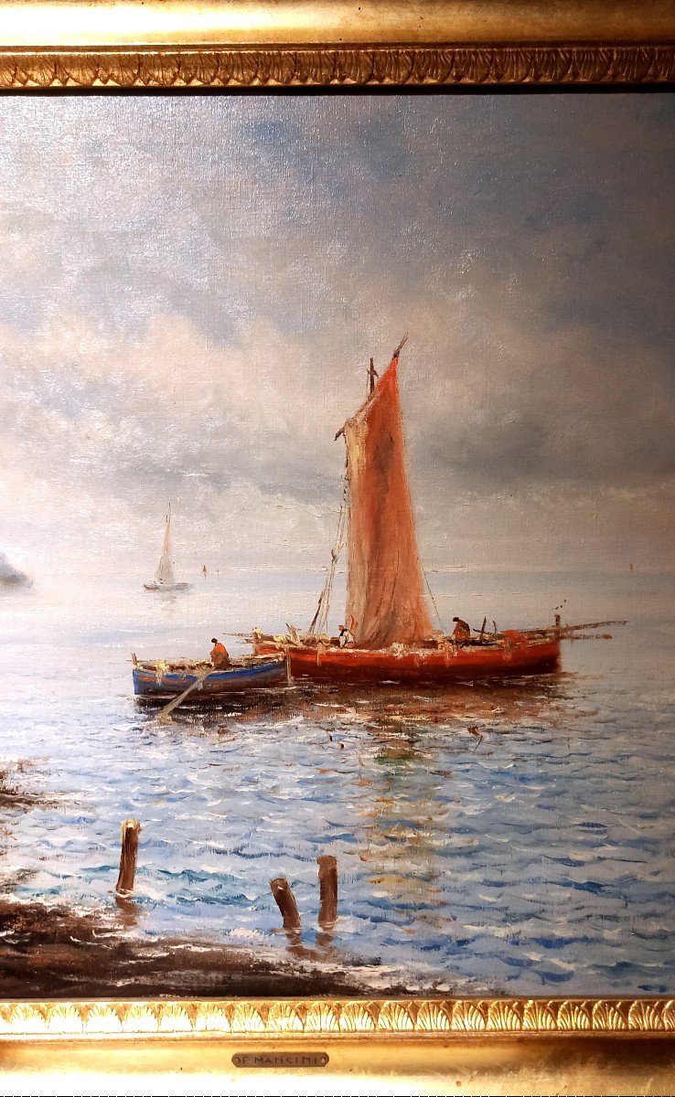 Paire De Paysages Côtiers Napolitains Avec Barques Et Pêcheurs-photo-3