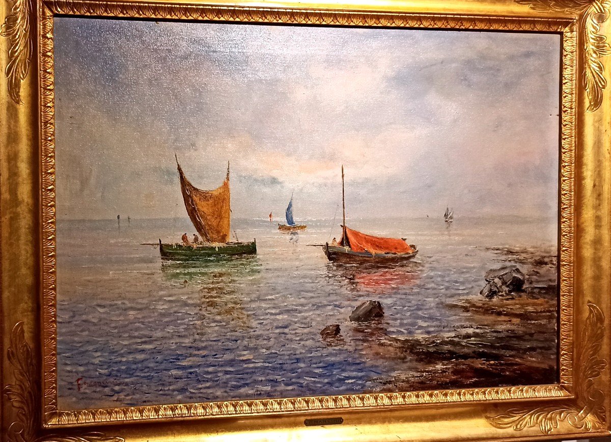 Paire De Paysages Côtiers Napolitains Avec Barques Et Pêcheurs-photo-4