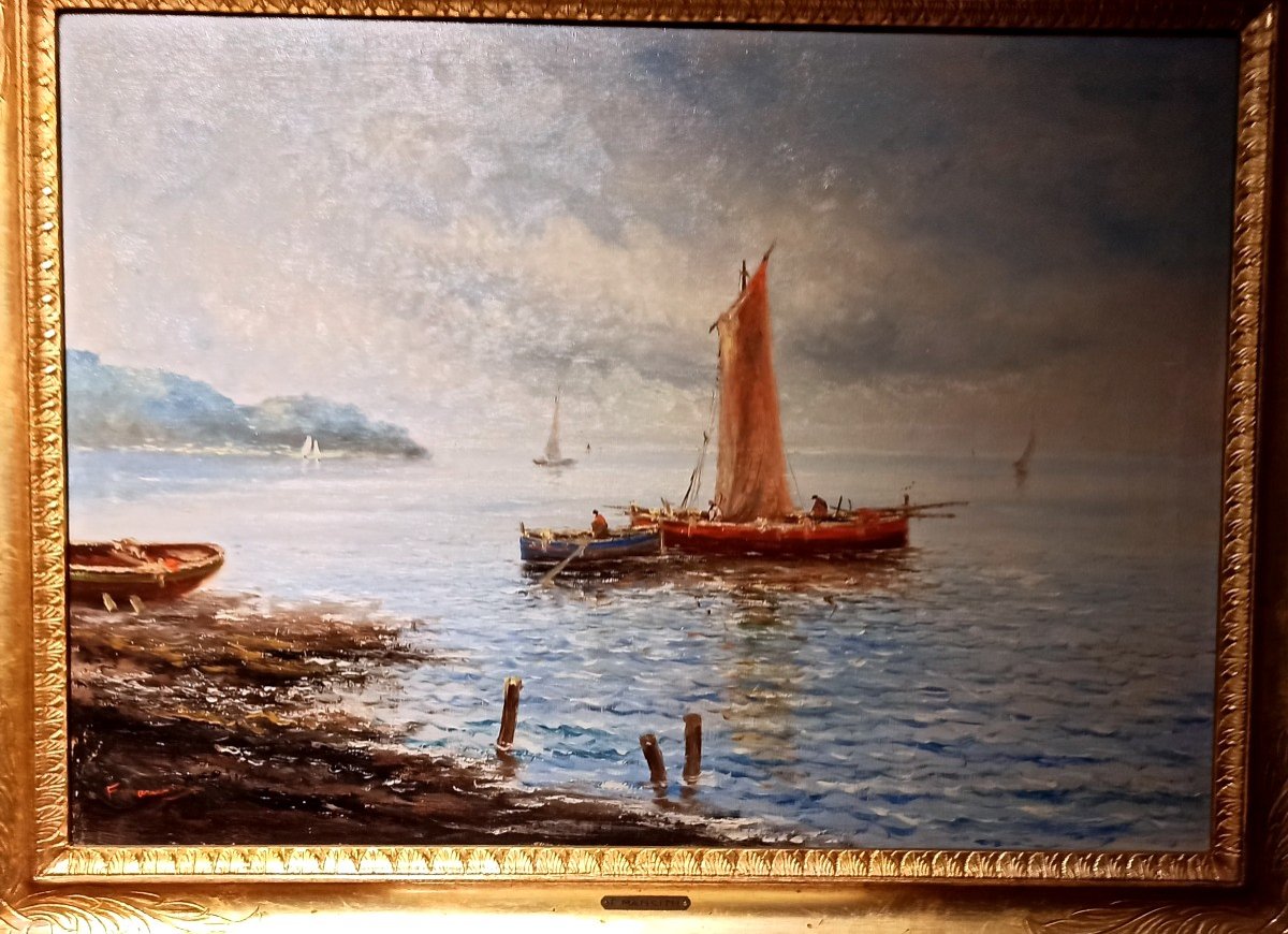 Paire De Paysages Côtiers Napolitains Avec Barques Et Pêcheurs-photo-2