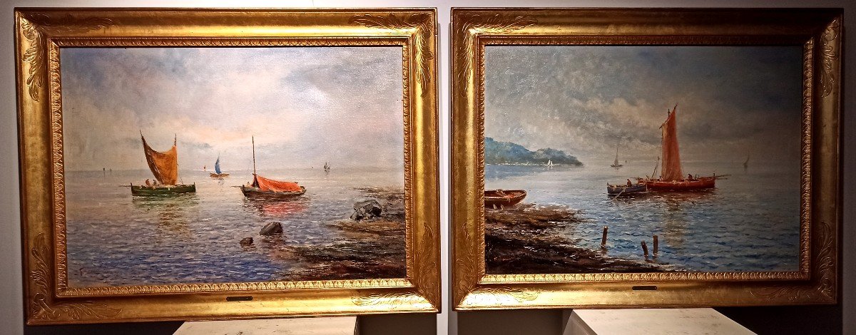 Pair Of Neapolitan Coastal Landscapes With Boats And Fishermen