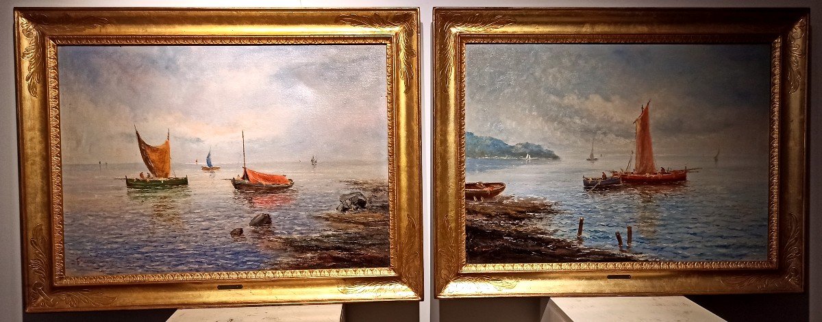 Paire De Paysages Côtiers Napolitains Avec Barques Et Pêcheurs