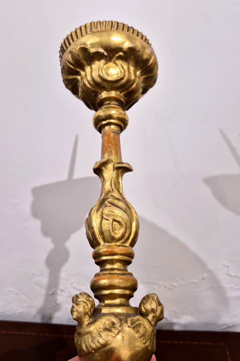 Pair Of Venetian Candlesticks In Carved And Gilded Wood With Angel Heads-photo-5
