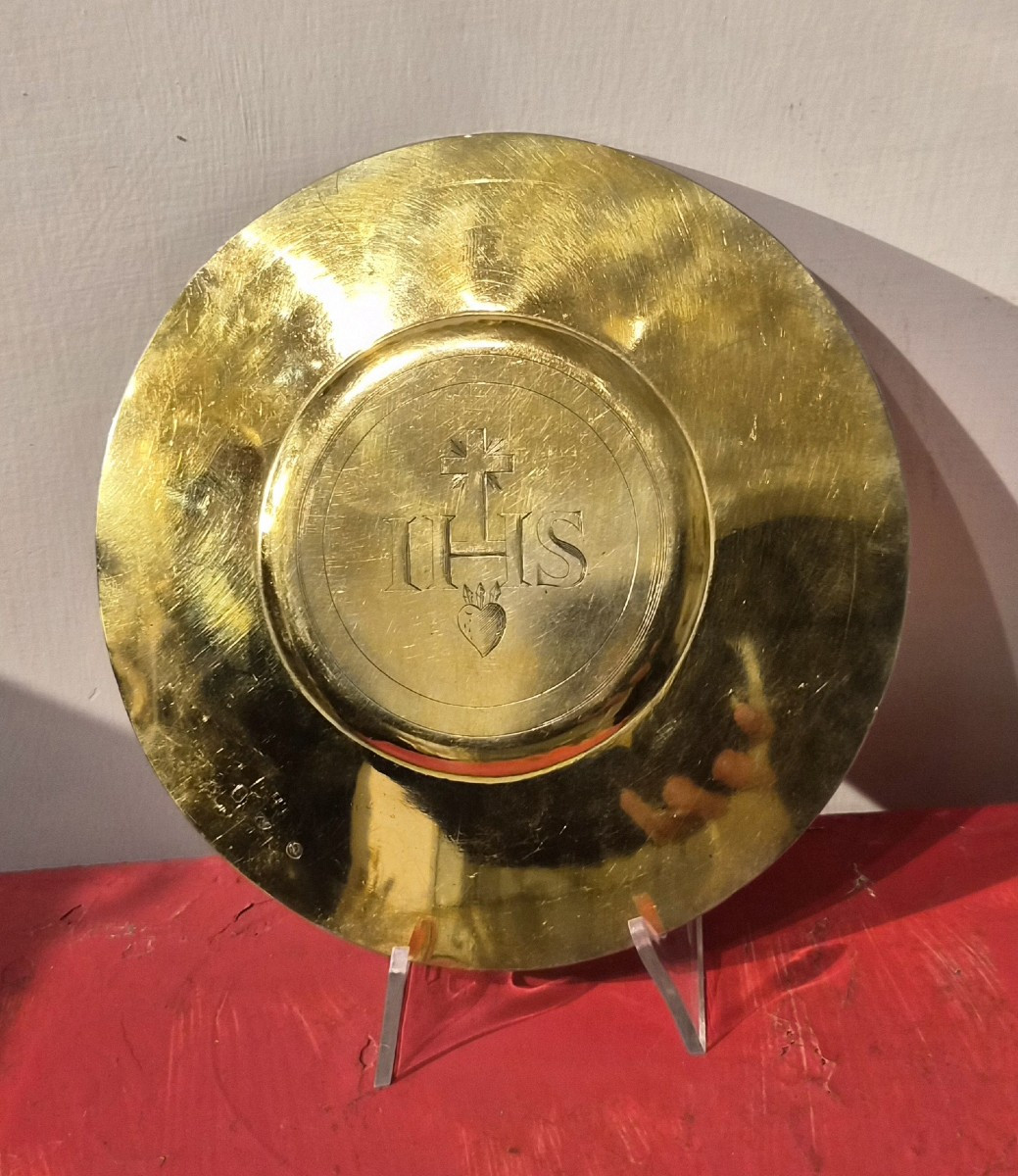 Gilded Silver Paten With A Christogram (ihs, Jesus Savior Of Mankind)