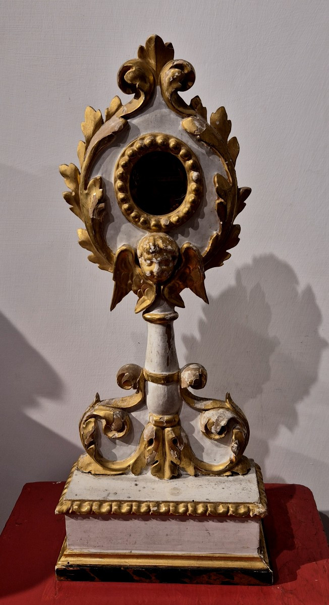 Ostensoir en bois laqué et doré, reliquaire de saint François d'Assise-photo-5