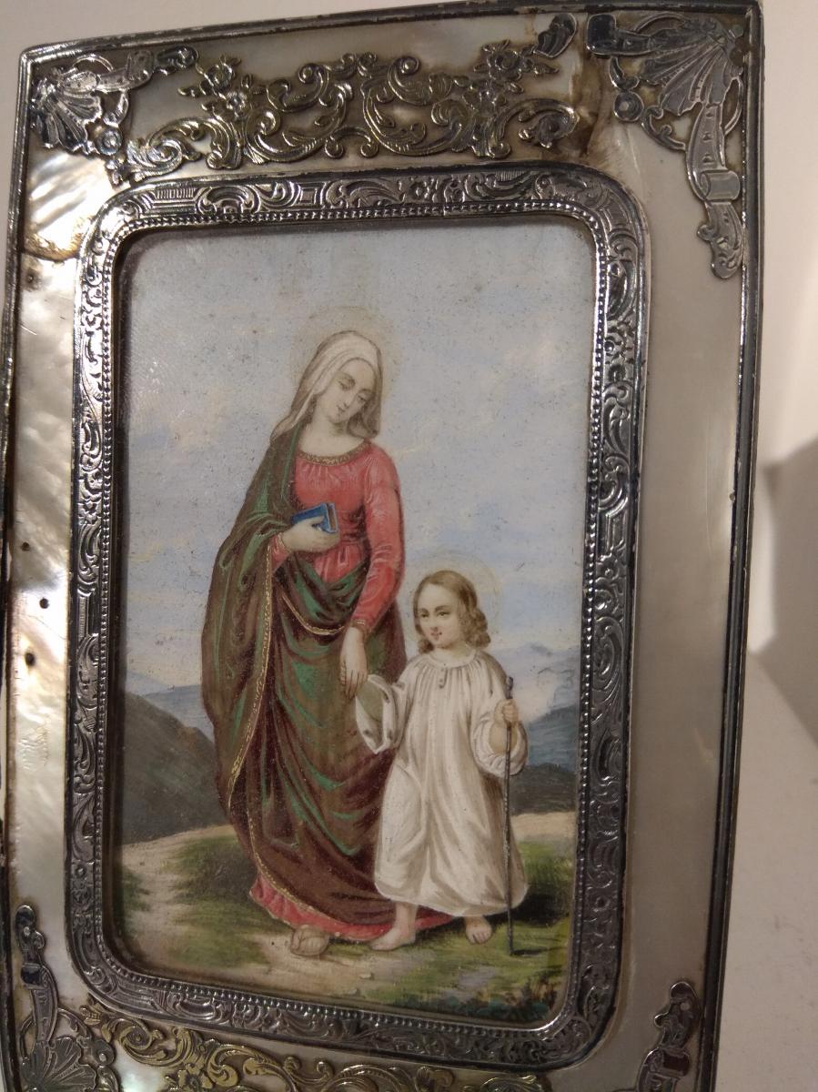 Miniature On Ivory With Frame In Nacre And Silver Nineteenth Century.-photo-3