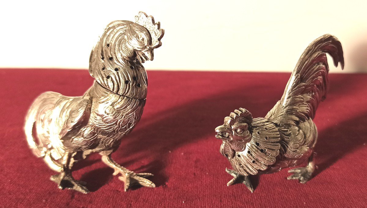 Rooster And Hen Saleron In Silver