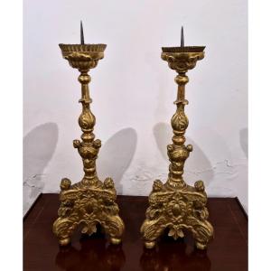 Pair Of Venetian Candlesticks In Carved And Gilded Wood With Angel Heads