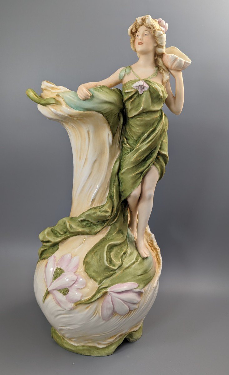 Large Royal Dux Figure: Water Nymph With Shell, C.1912