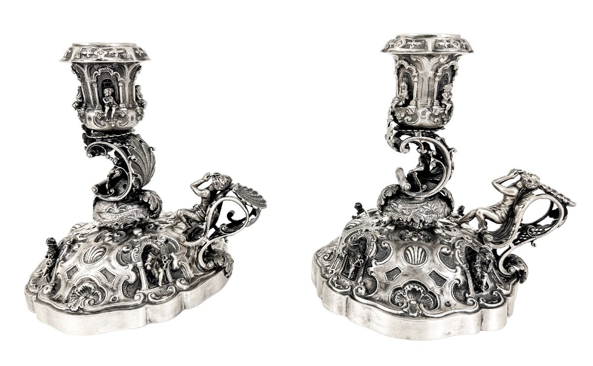 Hanau - Paire Chandeliers Figuratifs De Style Renaissance Avec Pan, Chérubins Et Musiciens-photo-3