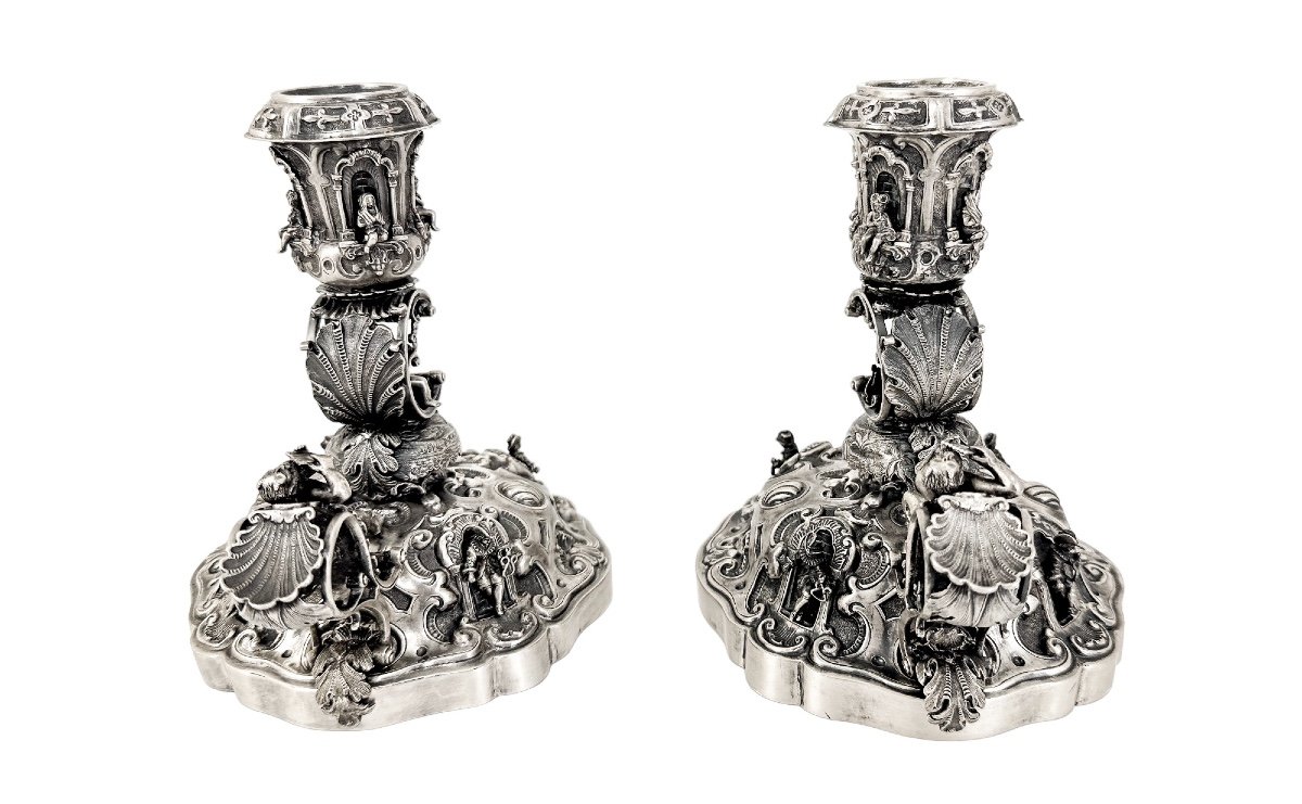 Hanau - Paire Chandeliers Figuratifs De Style Renaissance Avec Pan, Chérubins Et Musiciens-photo-4