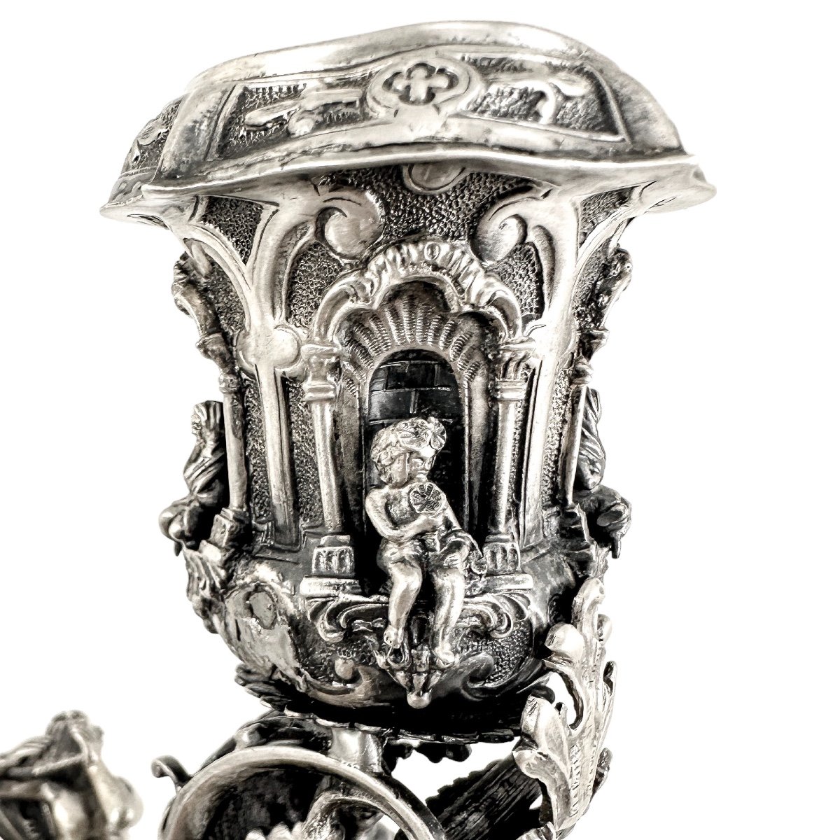 Hanau - Paire Chandeliers Figuratifs De Style Renaissance Avec Pan, Chérubins Et Musiciens-photo-8