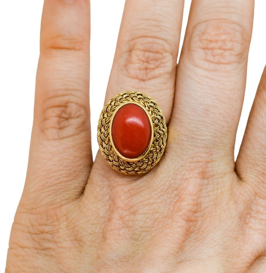 Bague Cocktail Vintage En Or Jaune 18ct, Cabochon Ovale De Corail, Taille N, Halo Tressé-photo-4