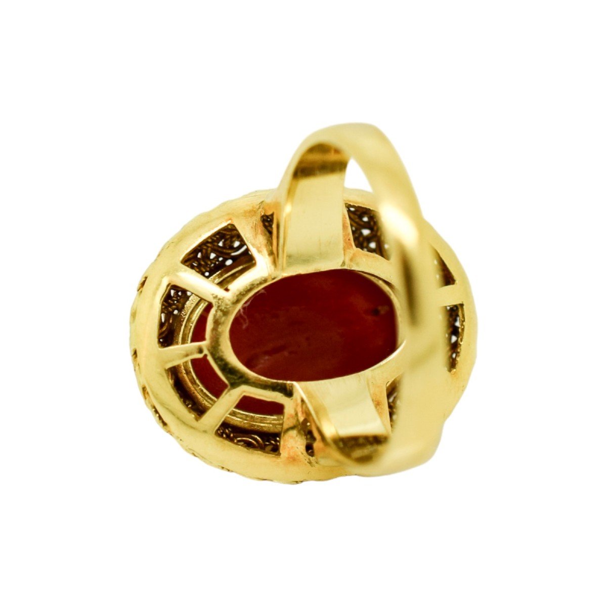 Bague Cocktail Vintage En Or Jaune 18ct, Cabochon Ovale De Corail, Taille N, Halo Tressé-photo-3
