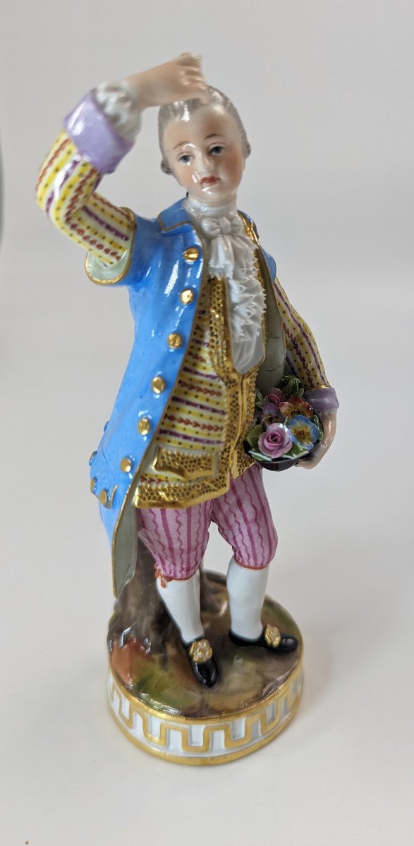Antique Meissen Porcelain Statuette "man With A Bouquet Of Flowers" C. 1850-photo-7