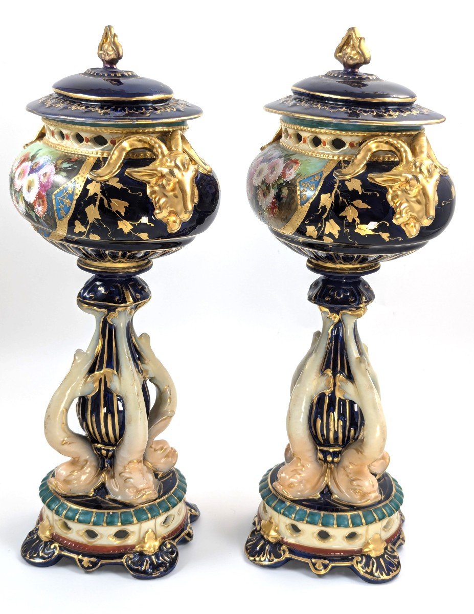 Antique Rudolstadt Rw Vases With Dolphins, Late 19th Century-photo-2