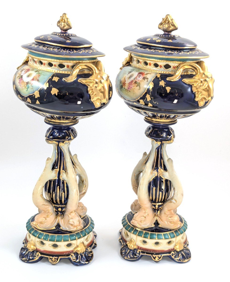 Antique Rudolstadt Rw Vases With Dolphins, Late 19th Century-photo-4