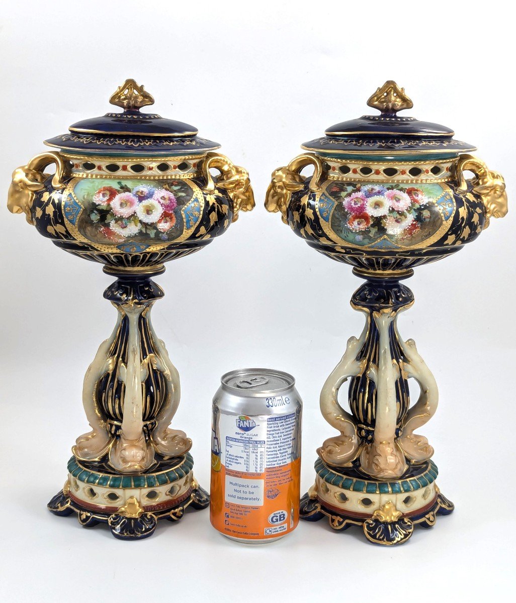 Antique Rudolstadt Rw Vases With Dolphins, Late 19th Century-photo-8