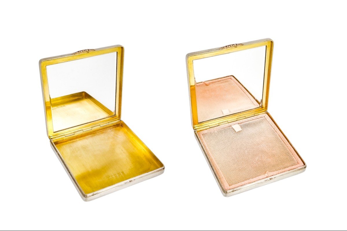 Vintage Sterling Silver Cigarette Case And Powder Compact With 9ct Gold Bands And Letter "a"-photo-3