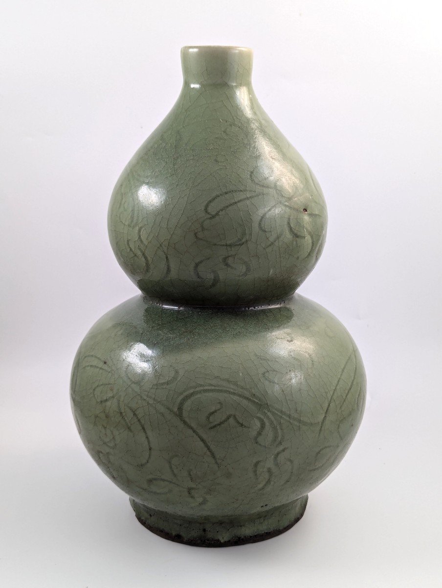 Vase à Double Gourde En Faïence Verte De Longquan, Dynastie Song.-photo-2