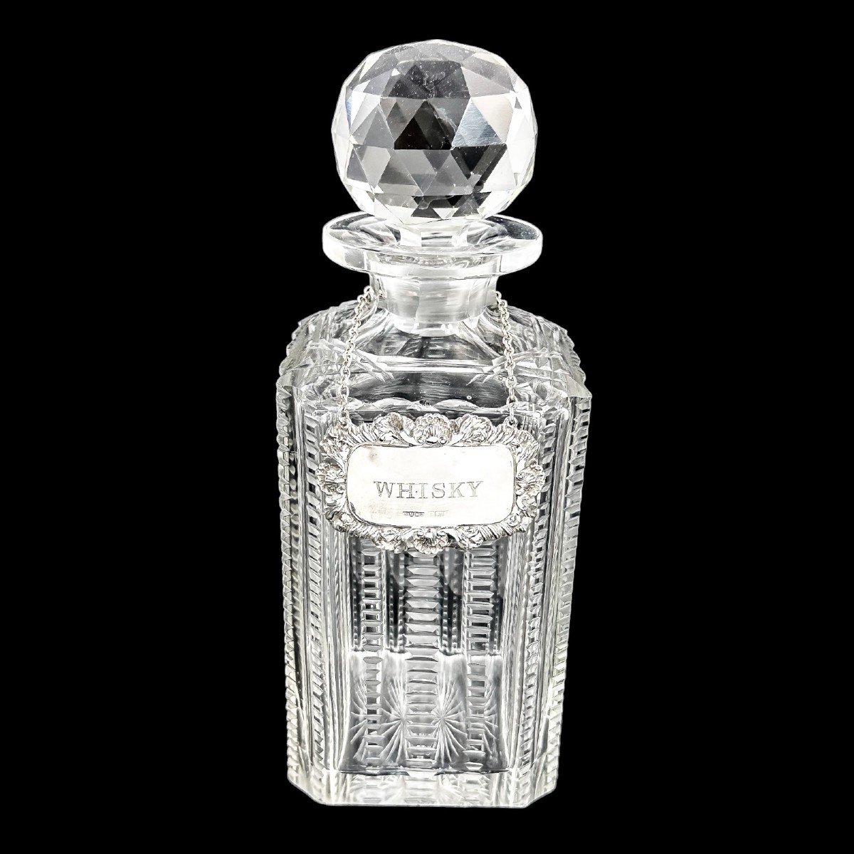 Carafe édouardienne En Verre Taillé Avec étiquette « Whisky » En Argent