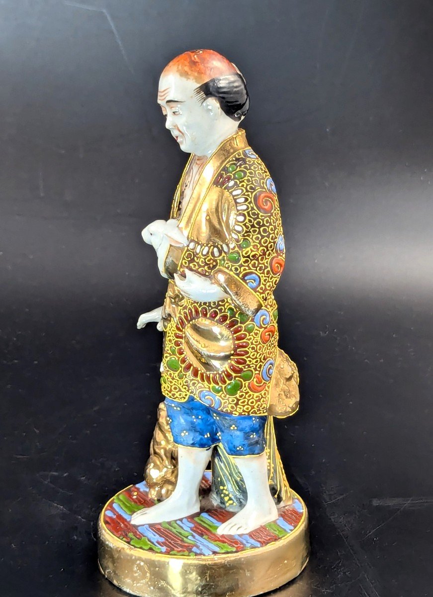 Ancienne Figurine Japonaise En Porcelaine De Satsuma Homme Avec Lapins, Période Meiji -photo-2