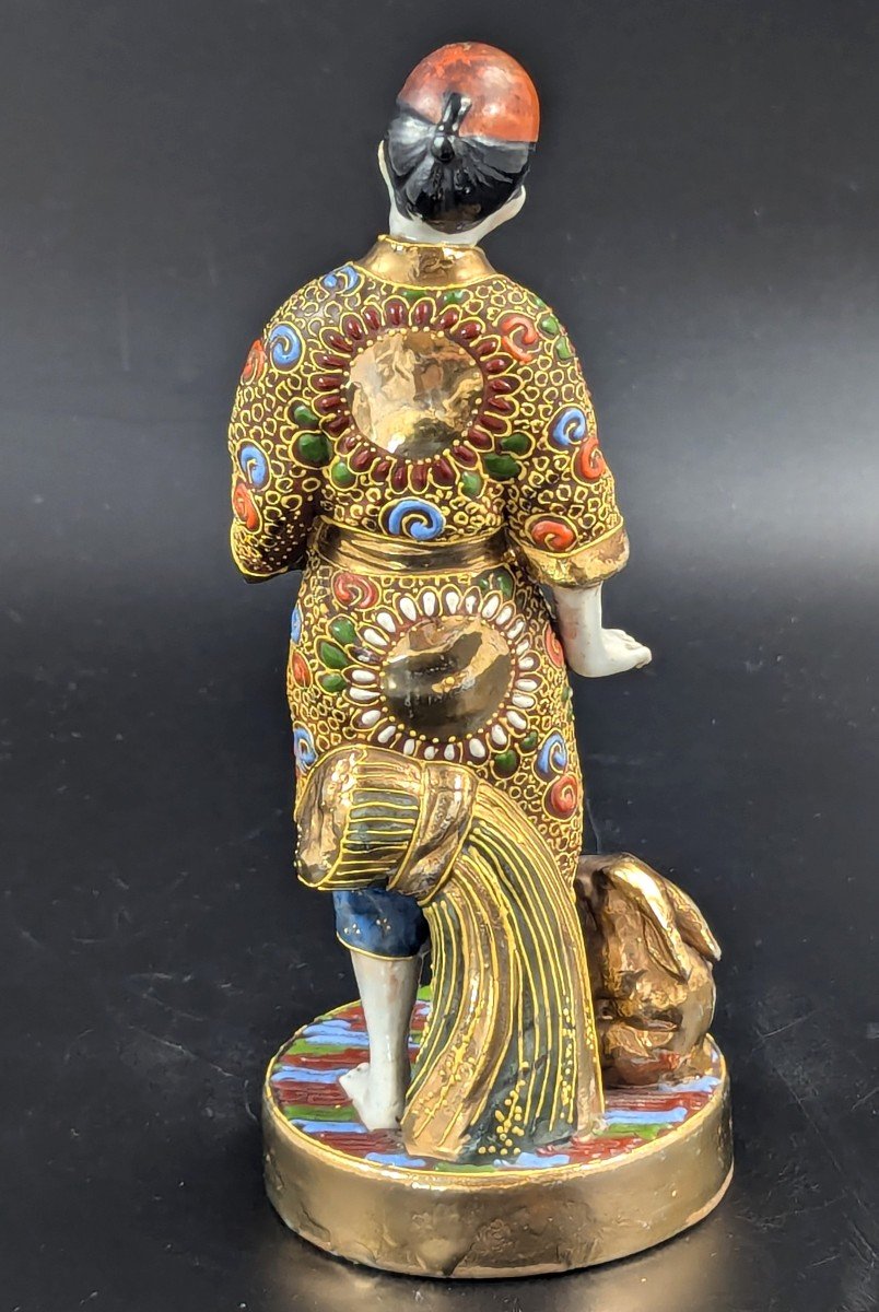 Ancienne Figurine Japonaise En Porcelaine De Satsuma Homme Avec Lapins, Période Meiji -photo-3