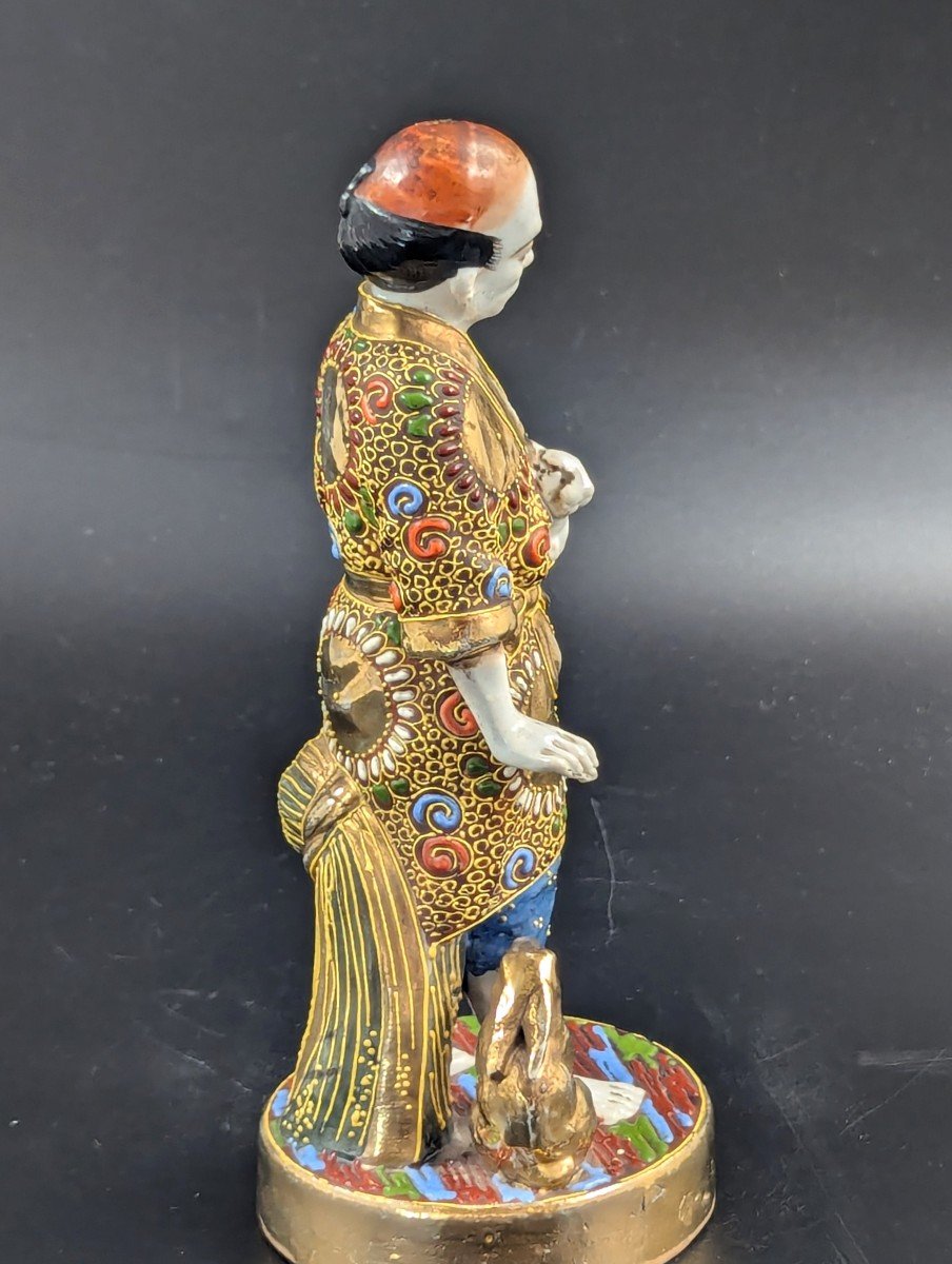 Ancienne Figurine Japonaise En Porcelaine De Satsuma Homme Avec Lapins, Période Meiji -photo-4