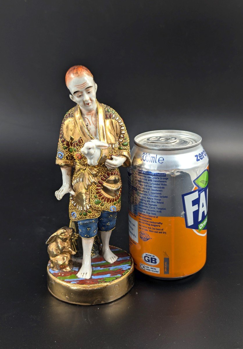 Ancienne Figurine Japonaise En Porcelaine De Satsuma Homme Avec Lapins, Période Meiji -photo-6