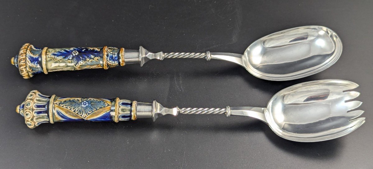 Ensemble Ancien De Saladiers Et De Couverts En Argent Doulton Lambeth, Vers 1877 - Rare-photo-4