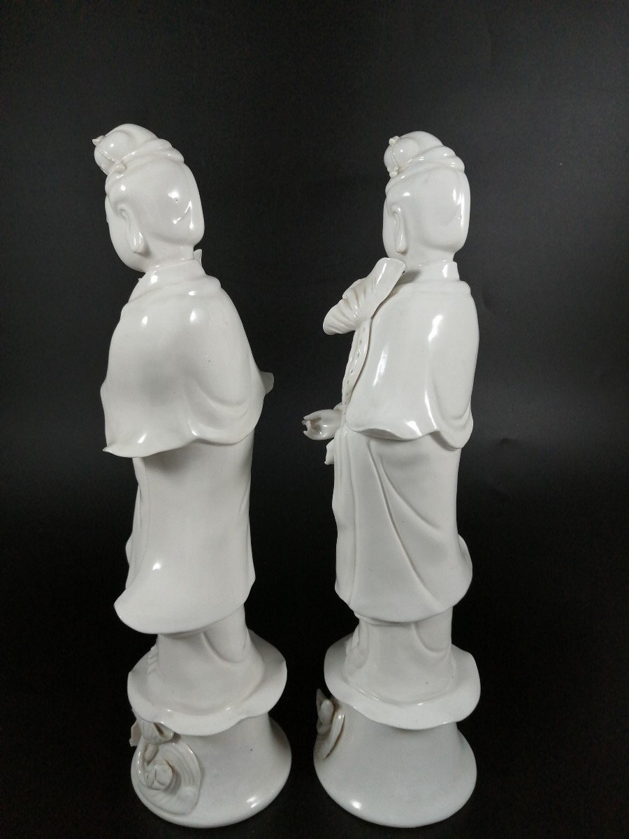 Paire d'Anciennes Figurines En Porcelaine Blanc De Chine Guan Yin De La Dynastie Qing-photo-3