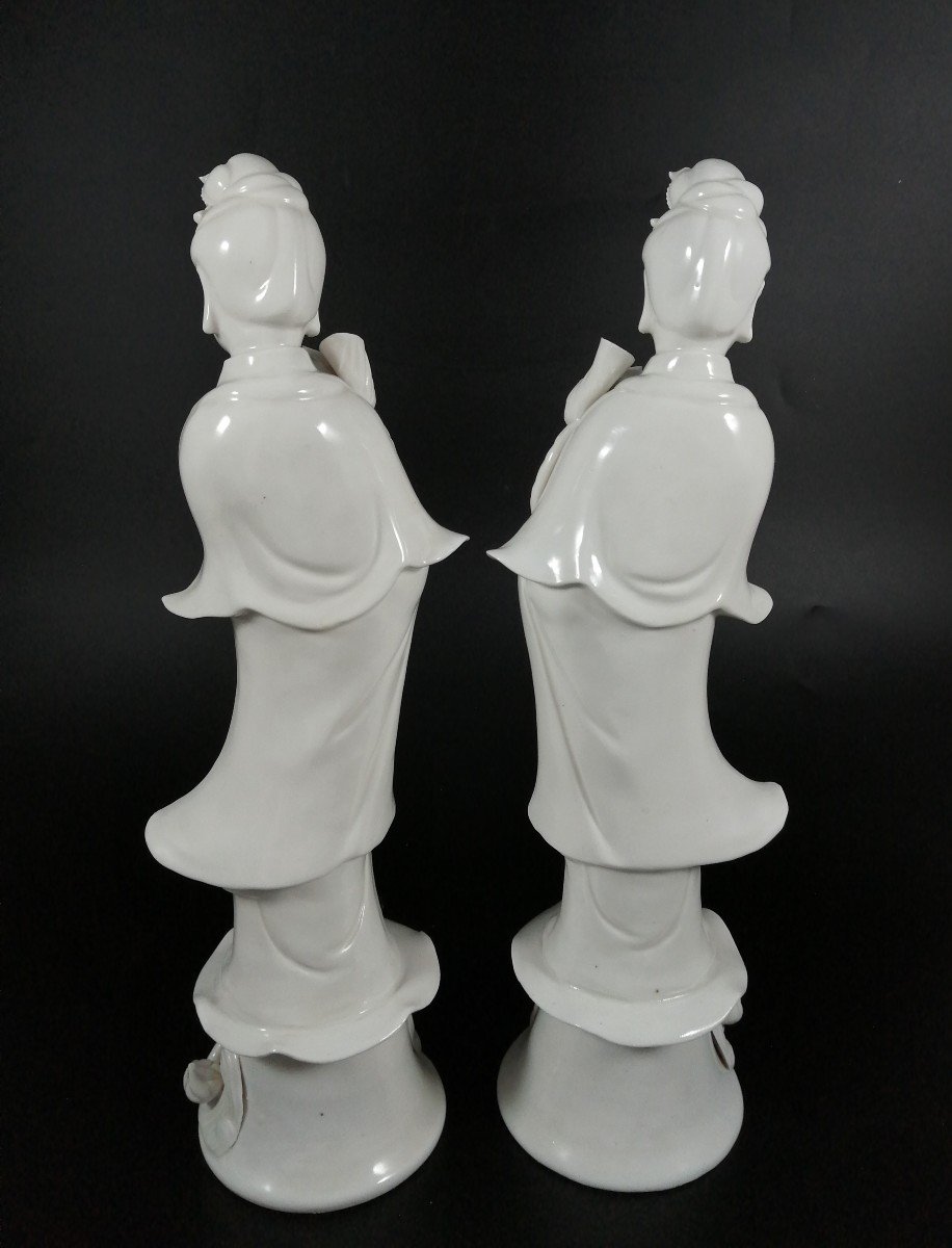 Paire d'Anciennes Figurines En Porcelaine Blanc De Chine Guan Yin De La Dynastie Qing-photo-4
