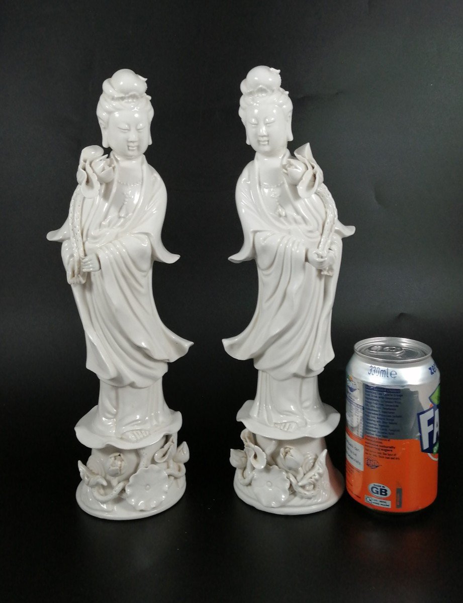 Paire d'Anciennes Figurines En Porcelaine Blanc De Chine Guan Yin De La Dynastie Qing-photo-7