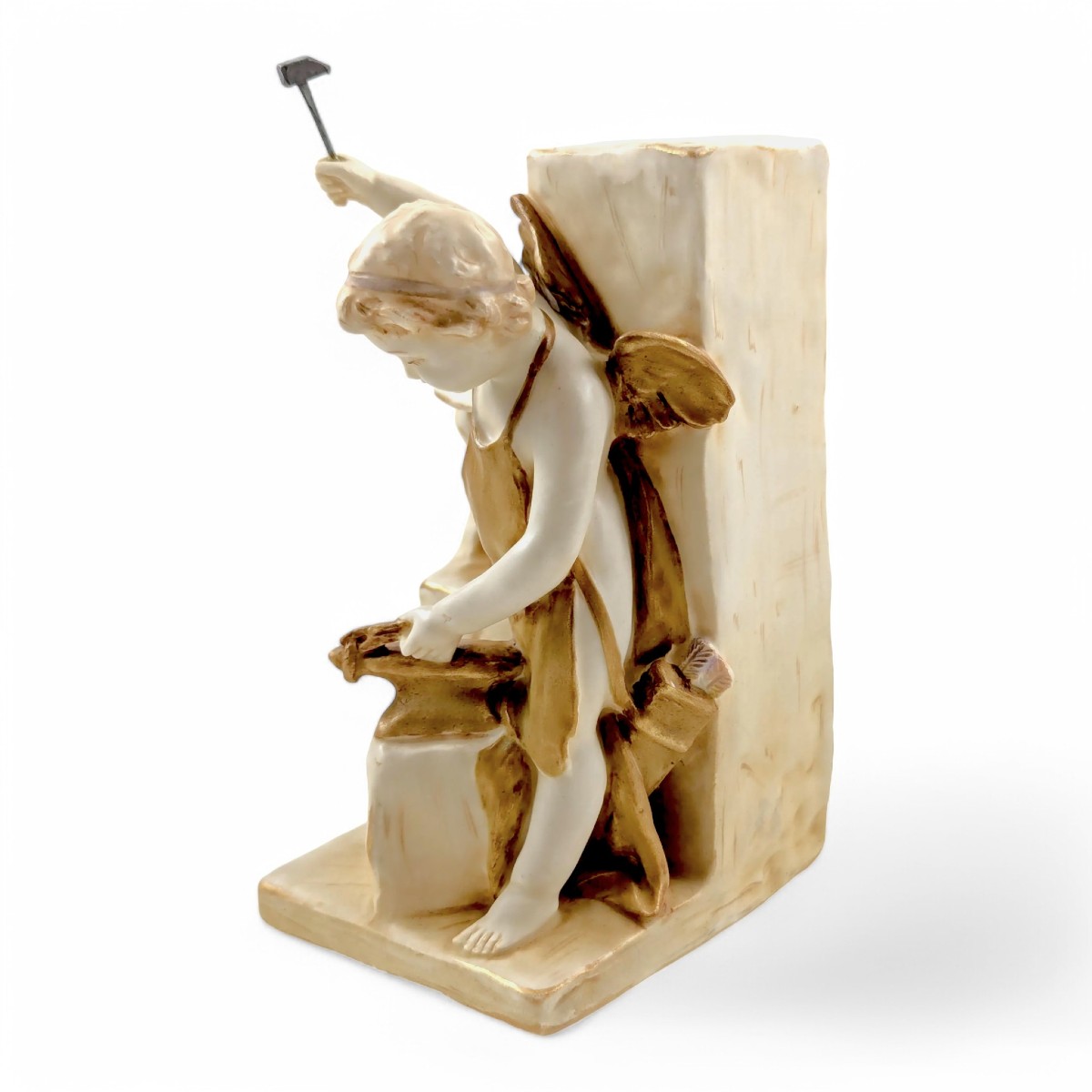 Porcelain Figure Of Cupid As A Blacksmith, Wahliss Teplitz Turn Vienna, Hand-painted And Gilded-photo-2