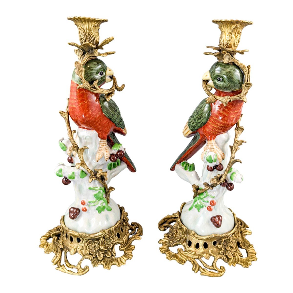 Paire De Chandeliers à Perroquet Figuratif En Porcelaine d'Orfèvrerie De Style Louis XV -photo-3