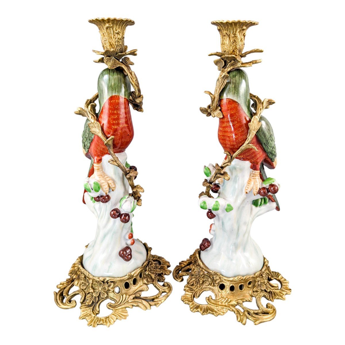 Paire De Chandeliers à Perroquet Figuratif En Porcelaine d'Orfèvrerie De Style Louis XV -photo-4