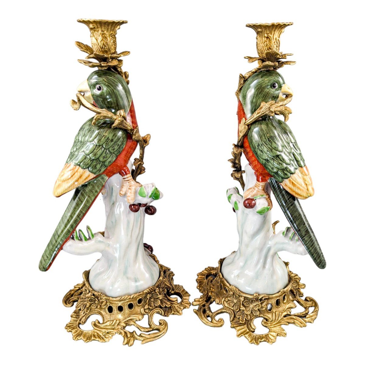 Paire De Chandeliers à Perroquet Figuratif En Porcelaine d'Orfèvrerie De Style Louis XV -photo-2