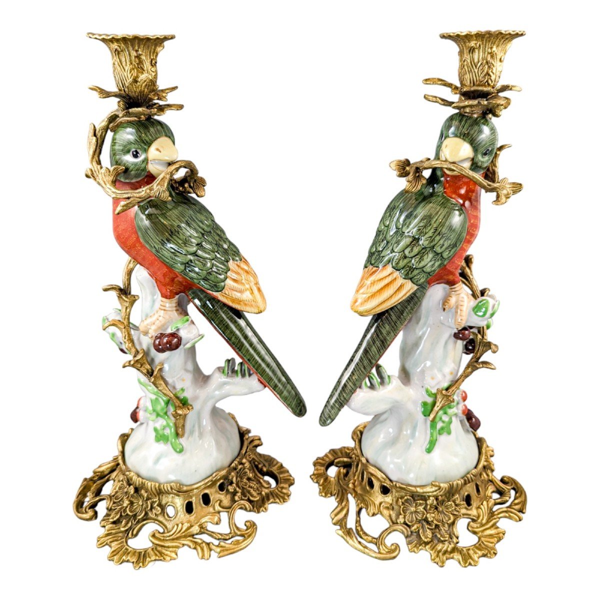 Paire De Chandeliers à Perroquet Figuratif En Porcelaine d'Orfèvrerie De Style Louis XV -photo-4