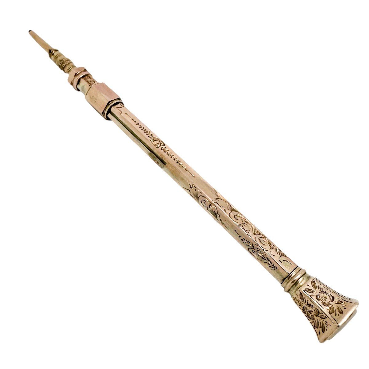 Victorian 9ct Rose Gold Agate Seal Top Hexagonal Propelling Pencil, Engraved With Flowers-photo-2
