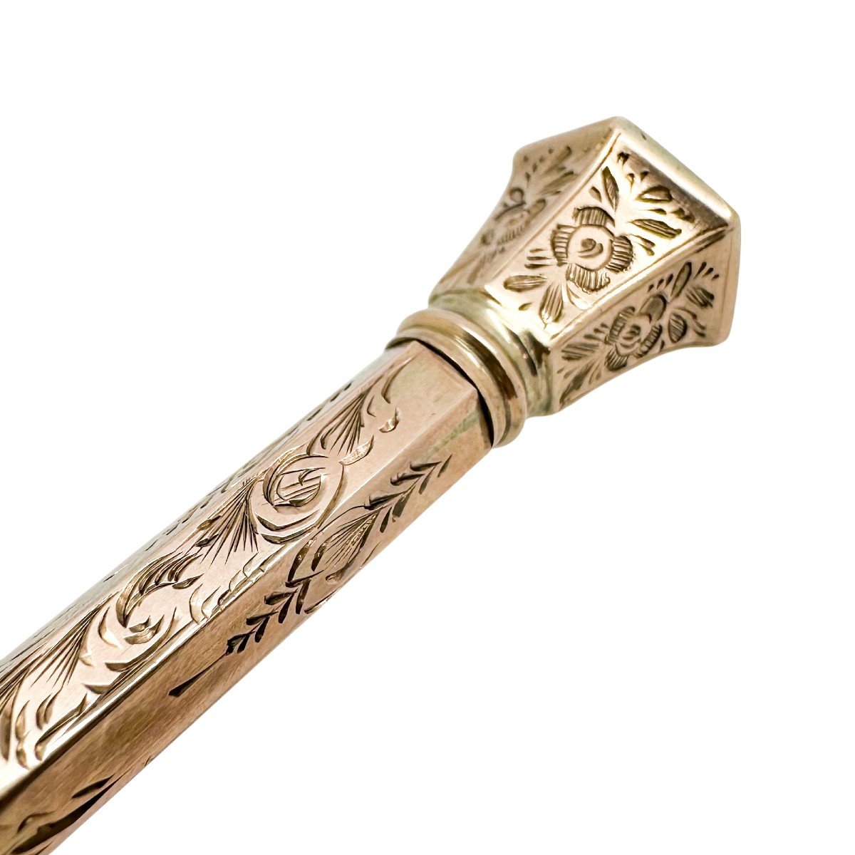 Victorian 9ct Rose Gold Agate Seal Top Hexagonal Propelling Pencil, Engraved With Flowers-photo-1
